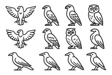 Obraz premium 12 stylized outline drawings of birds in black and white, executed in a minimalist design. 