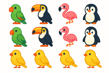 Obraz premium Stylized birds in bright colors, rendered in a cartoon style. Colors include green, black, pink, yellow, and orange.