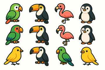 Obraz premium Stylized birds in bright colors, rendered in a cartoon style. Colors include green, black, pink, yellow, and orange.
