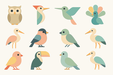 12 stylized birds in pastel colors, rendered in a flat design with soft colors such as beige, pink, green, and blue.