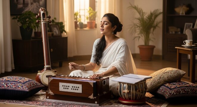 Indian classical singer practices traditional music at home surrounded by instruments and cultural decor