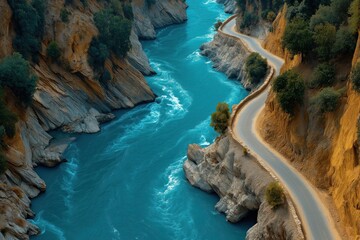 River winding through a deep canyon with a scenic road
