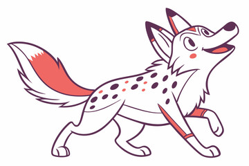 Cartoon White Fox Walking Pose with Red Tail and Body Spots on White