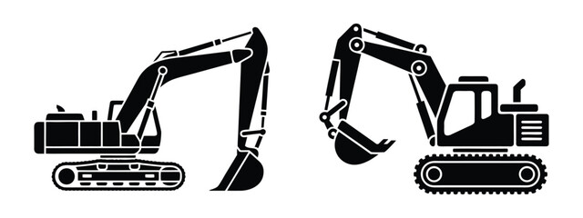 Excavator and bulldozer vector silhouette set for construction, roadwork, and industrial site design