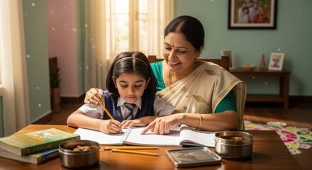 Indian grandmother assists grandchild with homework in a warm, loving setting at home during the afternoon
