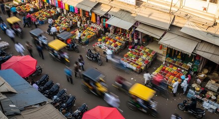 Vibrant Indian marketplace bustling with activity captured from above showing colorful stalls and moving vehicles