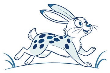 Cartoon White Rabbit Running with Blue Spots, with Smiling Face