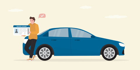 Male character driver stands next to modern car. Happy man holds driver's license. Id card, permission driving auto. © Alina
