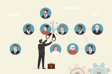 Boss cut staff from organization chart. Downsizing or layoff employee, contract termination, loss job from redundancy, dismissal workforce, restructure company, unemployment.