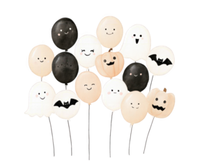 A festive collection of halloweenthemed balloons featuring cute ghost, pumpkin, and bat designs, all isolated on a clean transparent background, perfect for party decorations and seasonal celebrations