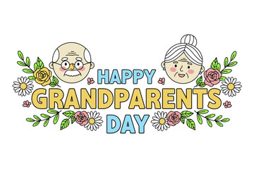 Fototapeta premium A charming hand-drawn illustration of grandparents surrounded by a vibrant floral arrangement