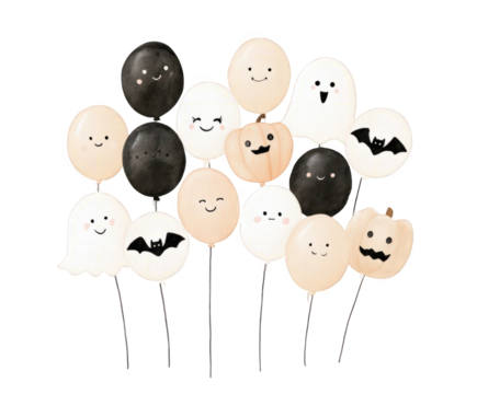 A festive collection of halloweenthemed balloons featuring cute ghost, pumpkin, and bat designs, all isolated on a clean transparent background, perfect for party decorations and seasonal celebrations