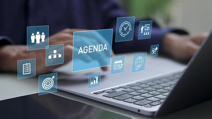 Agenda meeting appointment activity information concept. agenda meeting plan schedule in personal organizer. Businessman use laptop with virtual icon.