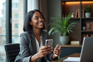 Confident Female Executive with Tablet in Modern High-Rise Workplace