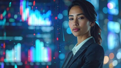 Confident businesswoman analyzing data charts and financial insights in a modern office setting - Powered by Adobe