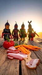 Four vegetable knights on a wooden table at sunrise