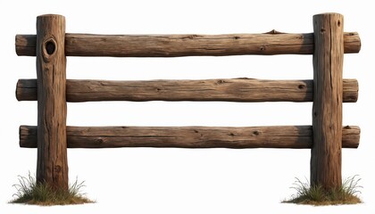 Rustic wooden fence section on white background. Wooden posts and horizontal rails made of aged brown wood. Grass grows at base of fence posts. Isolated image of rural wooden barrier.