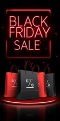 Neon Black Friday sale sign with glowing shopping bags in Black and red, modern bright advertising concept on dark background.