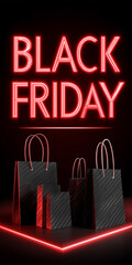 Neon Black Friday sale sign with glowing shopping bags in Black and red, modern bright advertising concept on dark background.