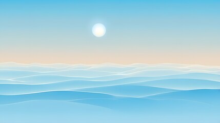 An abstract wavy blue pattern suggests a calm ocean landscape beneath a bright sun in a light sky.