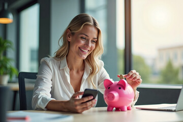 Financial Planning Success: Happy Woman Investing with Mobile Banking App