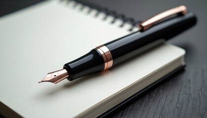 Fountain pen on open notebook. Elegant writing tool rests on blank paper. Close up shot of luxury office supply. Concept of business writing or education.