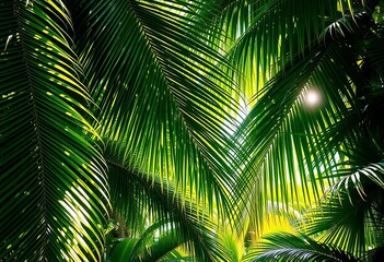 Obraz premium Lush green palm fronds, dense jungle foliage, sunlight dappled through leaves, tropical, sunlight