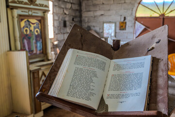 Open Religious Text on a Lectern Inside the Old Orthodox Church on Vardiani Island, Kefalonia
