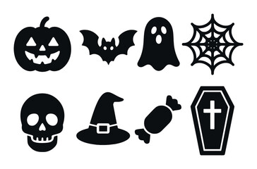 Halloween silhouettes: pumpkin, bat, ghost, spider web, skull, witch hat, candy, coffin