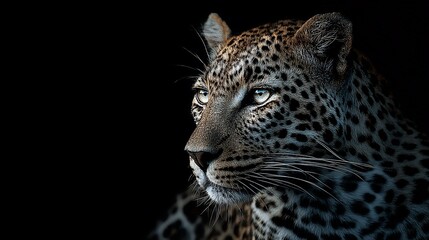 Fototapeta premium Majestic leopard portrait against a stark black backdrop, focused eyes, attentive pose