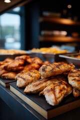 Grilled chicken breasts on display in restaurant buffet