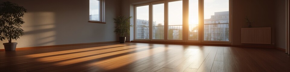 Fototapeta premium Sunlit spacious modern apartment interior with wooden floors and large windows at sunset