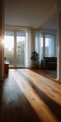 Fototapeta premium Sunlit modern living room with wooden floor and balcony view