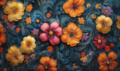 Flores coloridas sobre fondo negro, diseño ornamental, textura pintada, patrón artístico con detalles vegetales curvos.El patrón floral sobre fondo oscuro celebra la belleza decorativa: color, textura