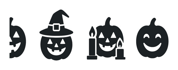 Spooky halloween pumpkin icons with candles and witch hat on dark background