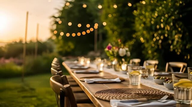 Outdoor dinner party scene with a long table set for guests, glowing string lights above. Perfect for catering services, event planners, restaurant advertising, summer celebrations.