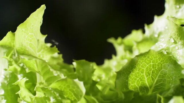 Fresh green lettuce leaves with water droplets, close up view