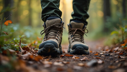 Person walks along forest trail wearing hiking boots. Footwear shown on path covered with leaves. Concept for outdoor activities in nature. Travel adventure. Active lifestyle.