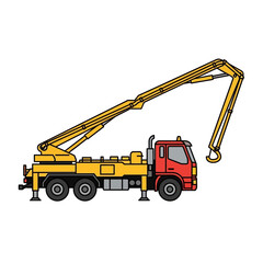 Fototapeta premium Detailed side view of a heavy-duty concrete pump truck with an extended yellow articulated boom, an essential piece of industrial construction machinery
