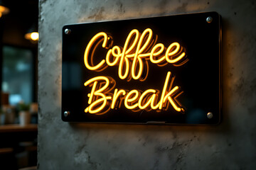 Glowing LED neon "Coffee Break" sign attached on black board mounted on textured polished concrete wall in a cafe