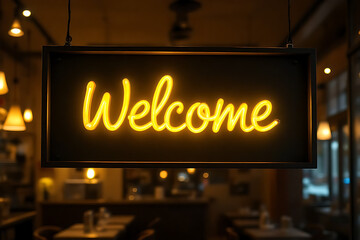 Glowing yellow neon "Welcome" signage hanging from at front glass door of warm lit restaurant