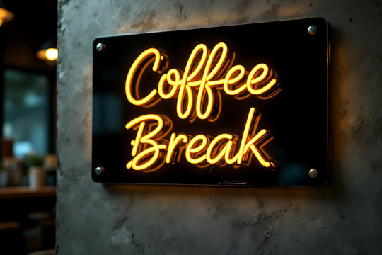 Glowing LED neon "Coffee Break" sign attached on black board mounted on textured polished concrete wall in a cafe
