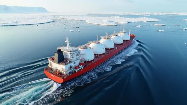 Lng tanker navigating arctic waters amidst floating icebergs and scenic view of northern ocean, natural gas concept