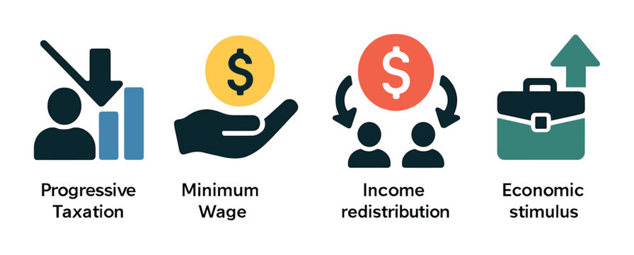 Economic concepts: progressive taxation, minimum wage, income redistribution, economic stimulus