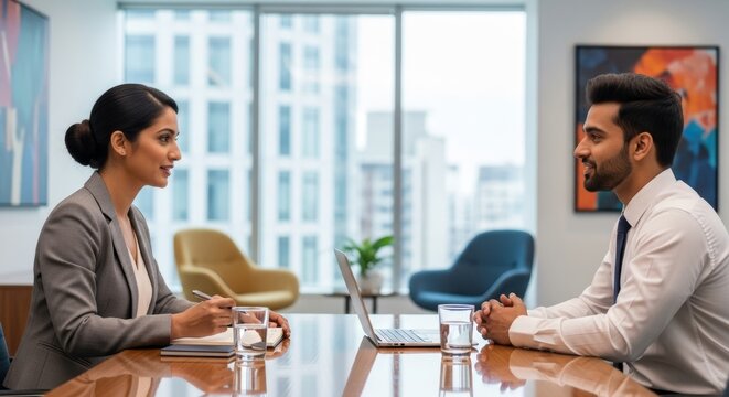 Indian HR manager conducts job interview in a modern office setting with a professional candidate