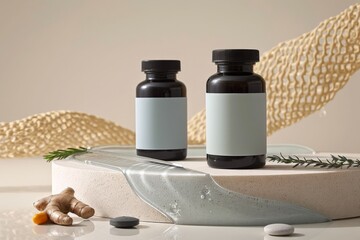 Wellness Bottles on Display: A curated display of sleek wellness bottles, presented on a minimalist platform. The composition features natural elements that evoke a sense of holistic well-being. 