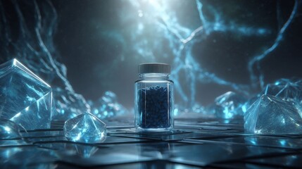 Science in a Bottle: a close-up shot of a small glass bottle, filled with small black pills or granules, set against a futuristic, crystalline background. The scene has an ethereal.