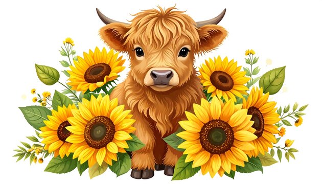 Cute Highland cow surrounded by sunflowers