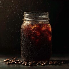 Iced Coffee Bliss: A refreshing iced coffee in a mason jar with condensation, surrounded by coffee beans on a dark background. Capture the cool and invigorating essence.