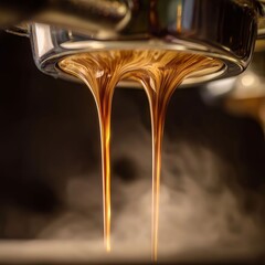 Concentrated Coffee Extraction: Capturing the essence of rich, dark coffee flowing smoothly from the machine, delivering a perfect cup.